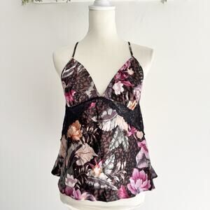 Vintage Y2K Babydoll Satin Cami Floral Top Fairycore Whimsical Medium NN1056